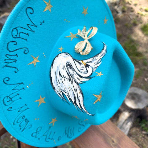 "My Moon and Stars" Swan Turquoise Vegan Felt Hat with Vintage Gold Bow Pin