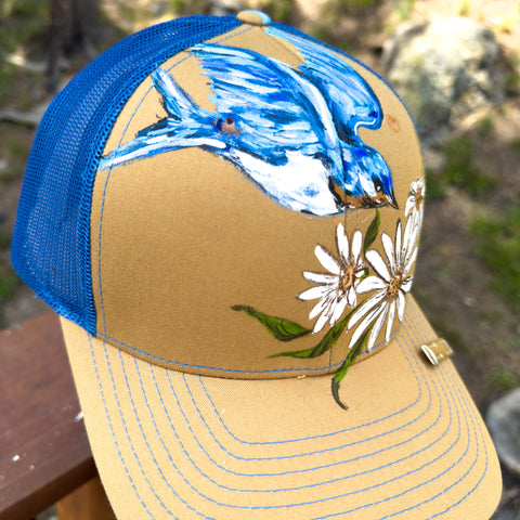 "Bluebird with Daisies" Hand Painted Trucker Hat with Vintage Tie Bar