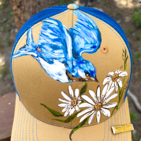 "Bluebird with Daisies" Hand Painted Trucker Hat with Vintage Tie Bar