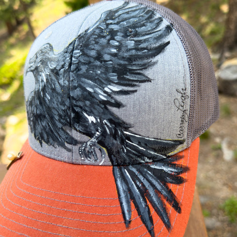 "Raven" Hand Painted Trucker Hat with Vintage Pearl Tie Bar