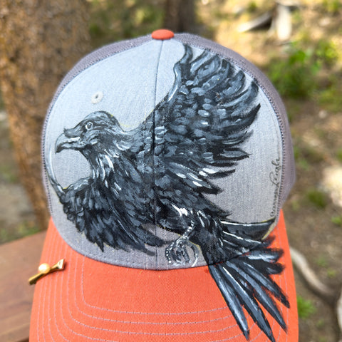 "Raven" Hand Painted Trucker Hat with Vintage Pearl Tie Bar