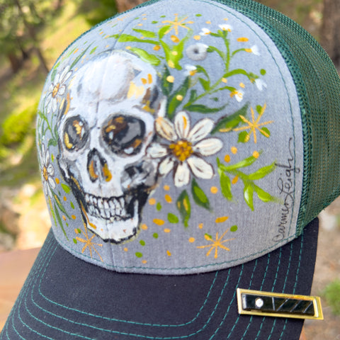"Home with You" Skull Hand Painted Trucker Hat with Vintage Tie Bar