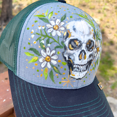 "Home with You" Skull Hand Painted Trucker Hat with Vintage Tie Bar