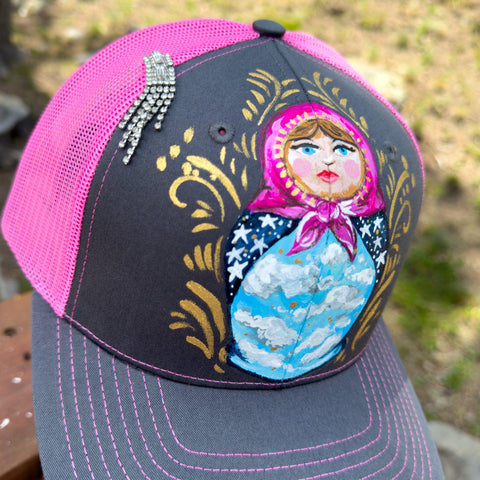 "Clouds and Stars Nesting Doll" Hand Painted Trucker Hat with Vintage Rhinestone Pin