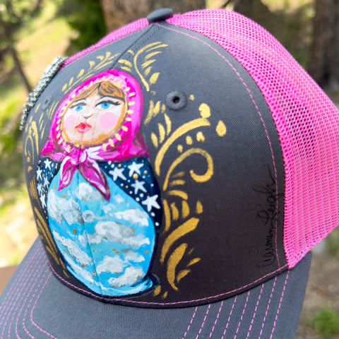 "Clouds and Stars Nesting Doll" Hand Painted Trucker Hat with Vintage Rhinestone Pin