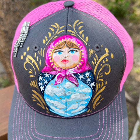 "Clouds and Stars Nesting Doll" Hand Painted Trucker Hat with Vintage Rhinestone Pin