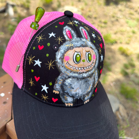 "Goofy LaBooBoo" Hand Painted Trucker Hat with Vintage Bow Pin