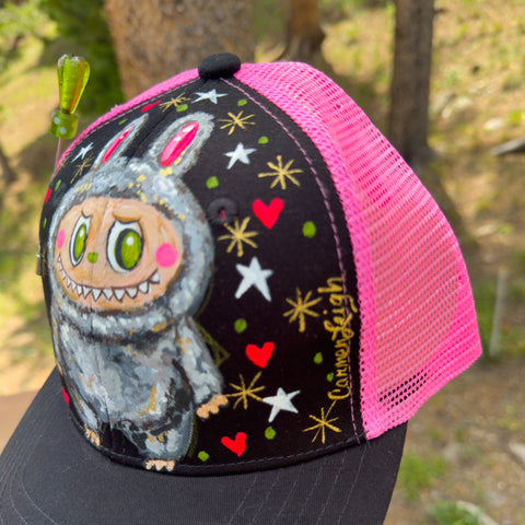 "Goofy LaBooBoo" Hand Painted Trucker Hat with Vintage Bow Pin