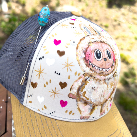 "Cream LaBooBoo" Hand Painted Trucker Hat with Vintage Bead Pin