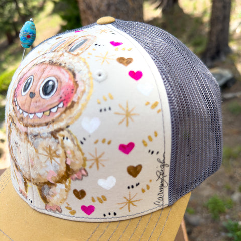 "Cream LaBooBoo" Hand Painted Trucker Hat with Vintage Bead Pin