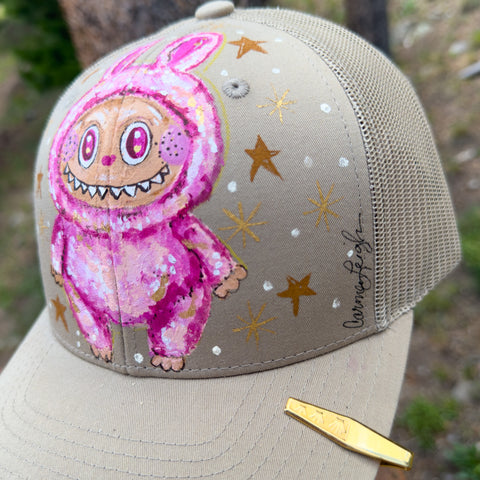 "Pink LaBooBoo" Hand Painted Trucker Hat with Vintage Tie Bar