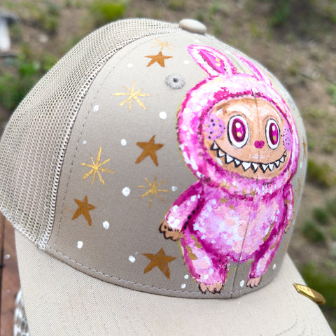 "Pink LaBooBoo" Hand Painted Trucker Hat with Vintage Tie Bar