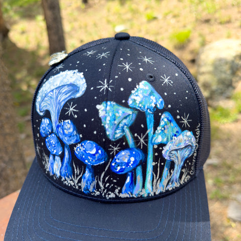 "Blue Mushroom" Hand Painted Trucker Hat with Vintage Silver Pin