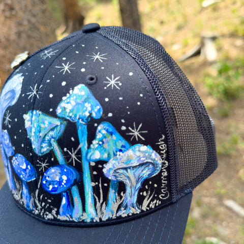"Blue Mushroom" Hand Painted Trucker Hat with Vintage Silver Pin
