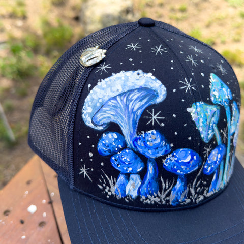 "Blue Mushroom" Hand Painted Trucker Hat with Vintage Silver Pin