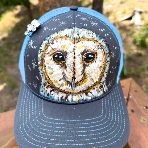 "Barn Owl" Hand Painted Trucker Hat with Vintage Rhinestone Pin