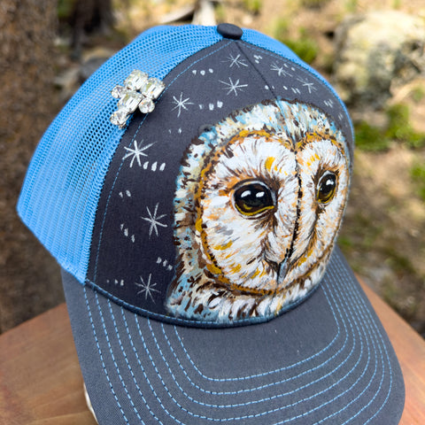 "Barn Owl" Hand Painted Trucker Hat with Vintage Rhinestone Pin