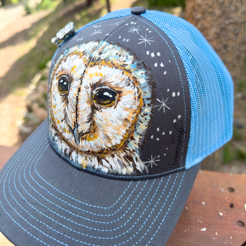 "Barn Owl" Hand Painted Trucker Hat with Vintage Rhinestone Pin