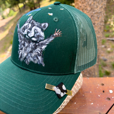 "Raccoon Life" Dark Green Hand Painted Trucker Hat with Vintage Black Stone TieBar