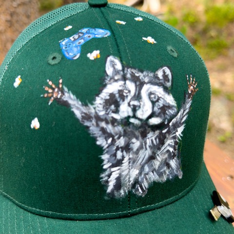 "Raccoon Life" Dark Green Hand Painted Trucker Hat with Vintage Black Stone TieBar