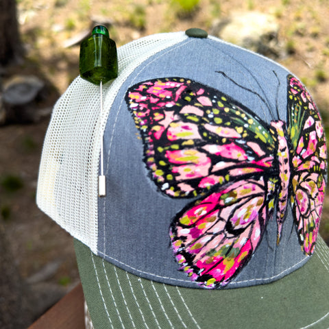 "Green Butterfly" Hand Painted Trucker Hat with Vintage Bead Hat Pin
