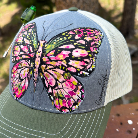 "Green Butterfly" Hand Painted Trucker Hat with Vintage Bead Hat Pin