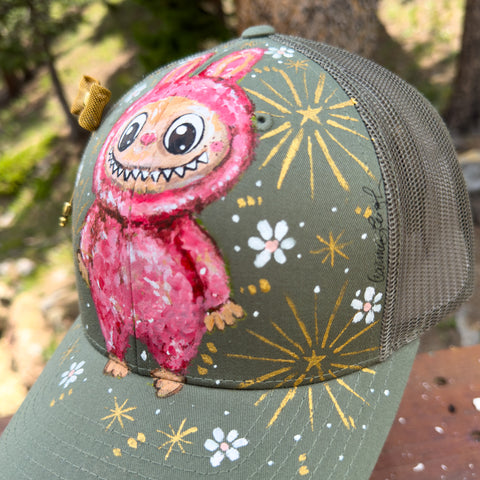 "Gray LaBooBoo" Hand Painted Trucker Hat with Vintage Green Bead Pin