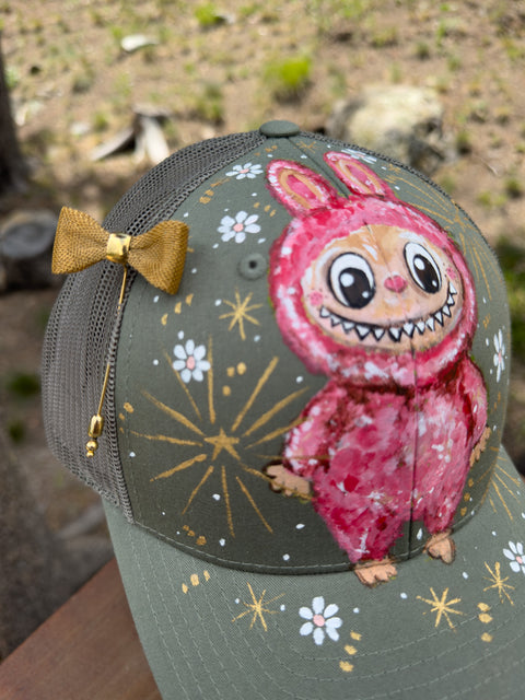 "Gray LaBooBoo" Hand Painted Trucker Hat with Vintage Green Bead Pin