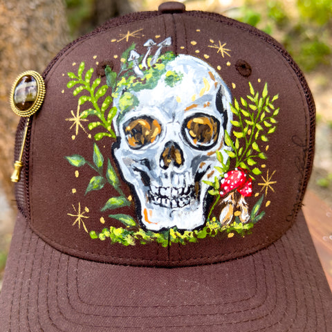 "Skull with Mushroom" Brown Hand Painted Trucker Hat with Vintage Stick Pin