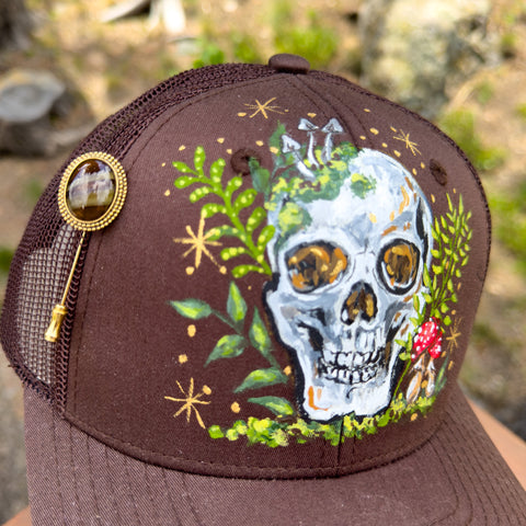 "Skull with Mushroom" Brown Hand Painted Trucker Hat with Vintage Stick Pin