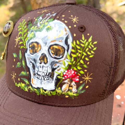 "Skull with Mushroom" Brown Hand Painted Trucker Hat with Vintage Stick Pin