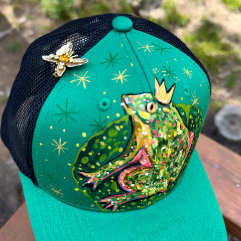 "Frog Prince" Green/Black Hand Painted Trucker Hat with Vintage Rhinestone Pin
