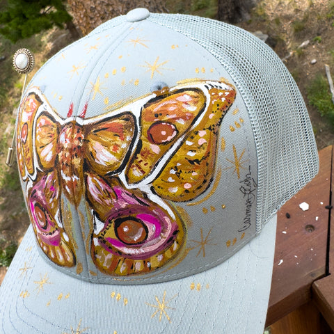 "Golden Moth" Hand Painted trucker Hat with Vintage Pearl Stick Pin