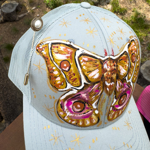 "Golden Moth" Hand Painted trucker Hat with Vintage Pearl Stick Pin