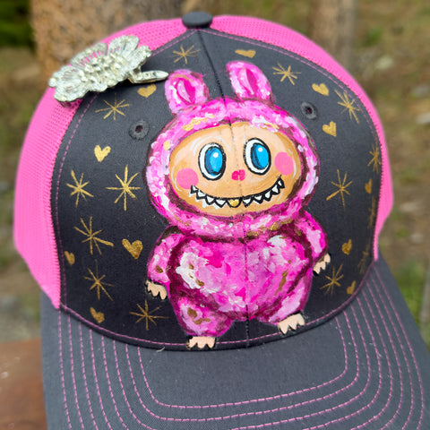 "Sparkle LaBooBoo" Hand Painted Trucker Hat with Vintage Rhinestone Flower Pin