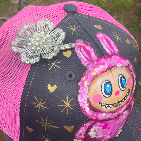 "Sparkle LaBooBoo" Hand Painted Trucker Hat with Vintage Rhinestone Flower Pin