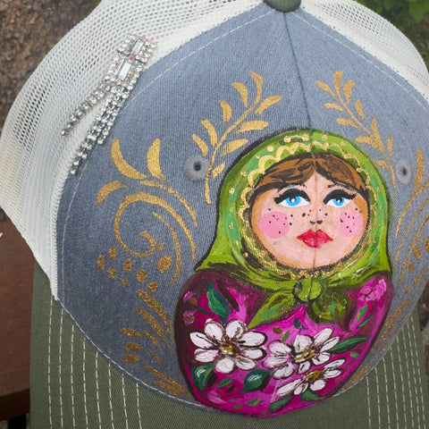 "Nesting Doll" Hand Painted Trucker Hat with Vintage Rhinestone Pin