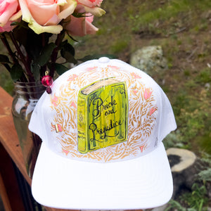Hand Painted Trucker Hat - "Pride & Prejudice Book" with Vintage Bead Hat Pin