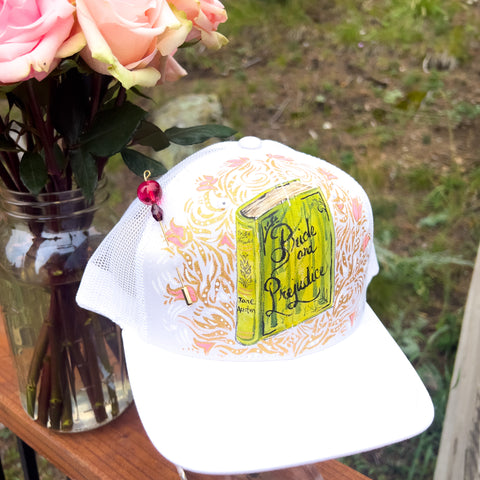 Hand Painted Trucker Hat - "Pride & Prejudice Book" with Vintage Bead Hat Pin