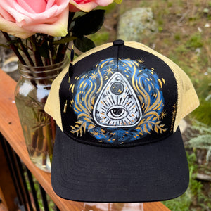 Hand Painted Trucker Hat - "Ouija Planchette" with Vintage Bead Hat Pin