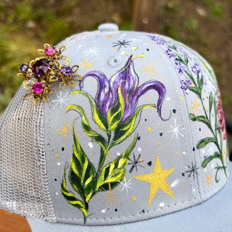 Hand Painted Trucker Hat - "Aunt Jet's Garden " with Vintage Rhinestone Brooch
