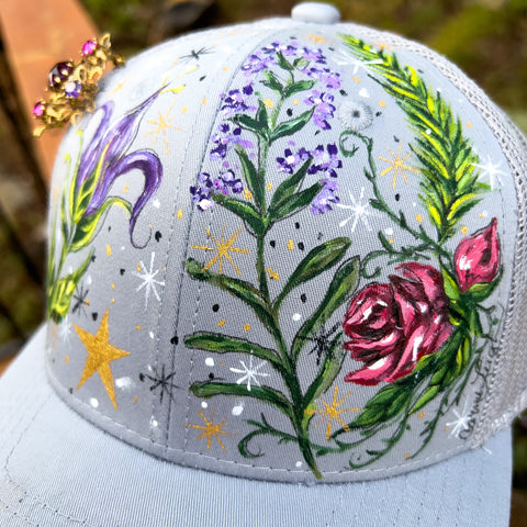 Hand Painted Trucker Hat - "Aunt Jet's Garden " with Vintage Rhinestone Brooch