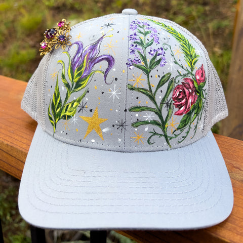 Hand Painted Trucker Hat - "Aunt Jet's Garden " with Vintage Rhinestone Brooch