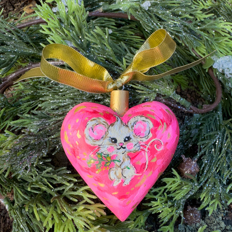 "Mouse & Holly" Wood Heart Christmas Ornament