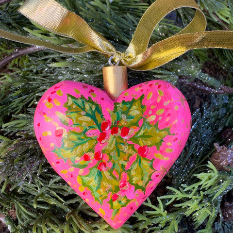 "Mouse & Holly" Wood Heart Christmas Ornament
