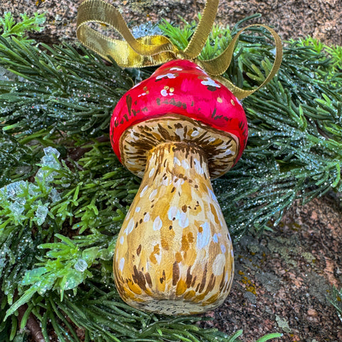 "Wren" the Red Mushroom Wooden Christmas Ornament