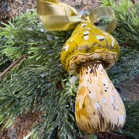 "Clover" the Green Mushroom Wooden Christmas Ornament