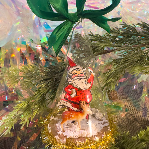 "Red Jolly Santa Claus with Vintage Deer" Snow Globe Christmas Ornament