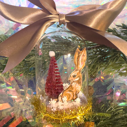 "Christmas Bunny with Red Bottle Brush Tree" Snow Globe Christmas Ornament