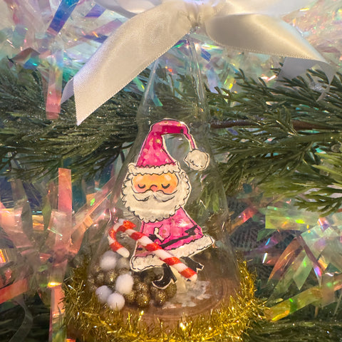 "Pink Jolly Santa Claus with Vintage Deer" Snow Globe Christmas Ornament